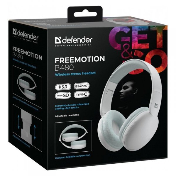 Defender Słuchawki bezprzewodowe nauszne FREEMOTION B480 Białe
