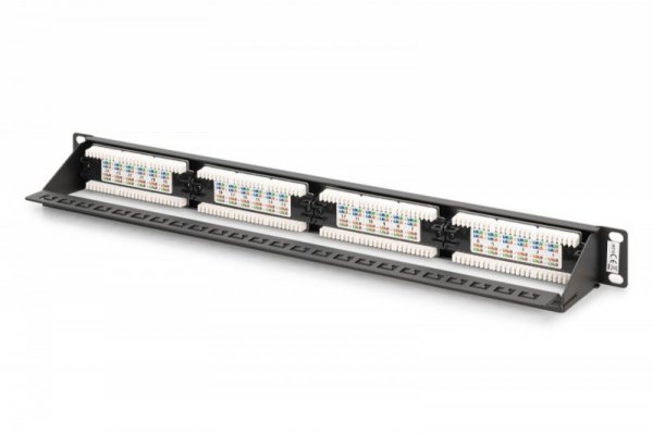 Digitus Panel krosowy (patch panel) 19'' 24x RJ45, LSA pion, kat.6, nieekranowany, 1U, prowadnica kabli, pola opisowe, Czarny