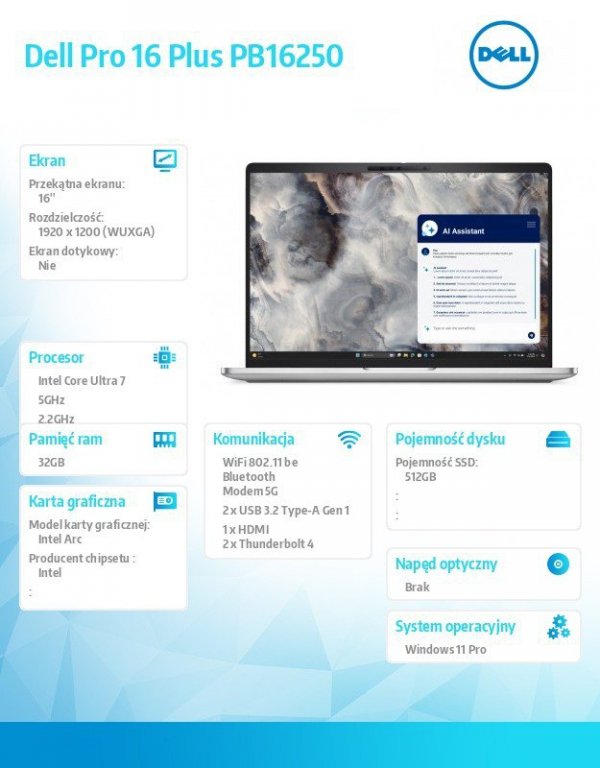 Dell Laptop Dell Pro 16 Plus PB16250 W11P U7-268V/32GB/512GB SSD CL25/FgrPr&SmtCd/IRCam&Mic/5G LTE+BT/16.0 FHD+/BcklKb/3C/vPro/3