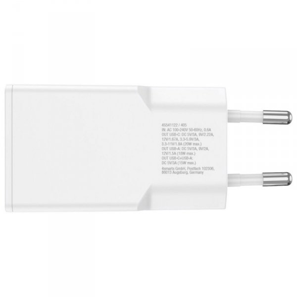4smarts Ładowarka sieciowa PDPlug 20W GaN + USB-C + USB-A + kabel USB-C  1,5m Biała