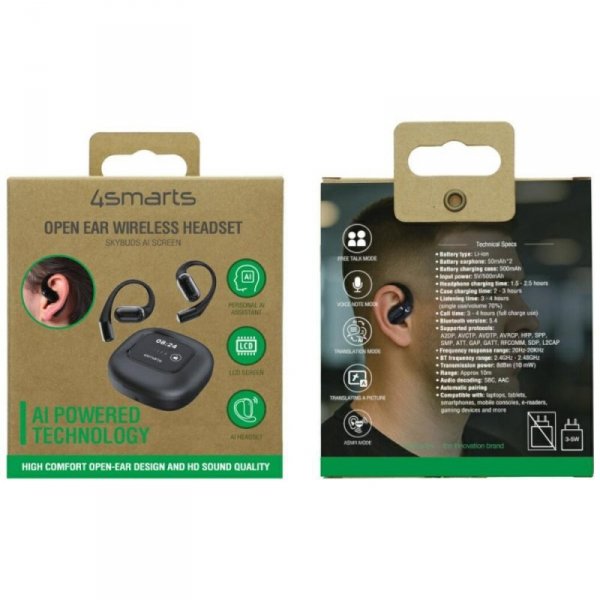 4smarts Słuchawki Bluetooth OWS tłumacz AI z wyświetlaczem SkyBuds Czarne