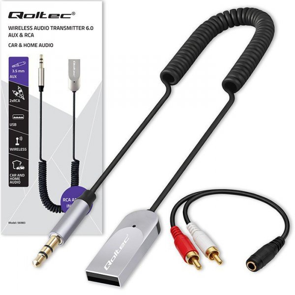 Qoltec Bezprzewodowy adapter odbiornik dźwięku Audio HiFi Home&Car | Bluetooth 6.0 | 2 x RCA | 1 x AUX MiniJack 3.5mm | USB | Mi
