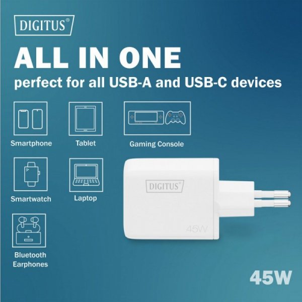 Digitus Ładowarka sieciowa GaN II 45W | 1x USB-C, 1x USB-A | PD 3.0, QC 3.0 | Biała