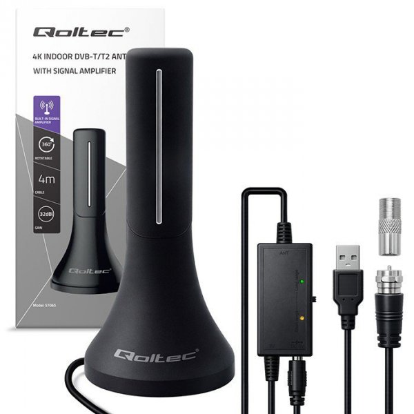 Qoltec Wewnętrzna antena DVB-T/T2 | wzmacniacz sygnału | 4K | wysoki zysk 32dBi | kabel 4m