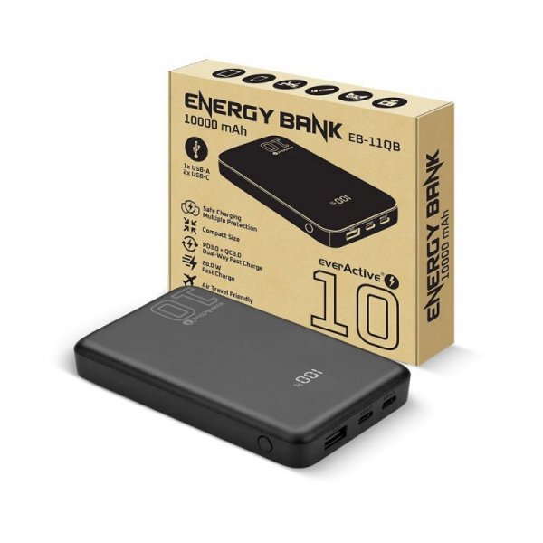 everActive Powerbank 10 000 mAh 2X USB-C 1X USB 20W QC4.0 wyświetlacz LCD