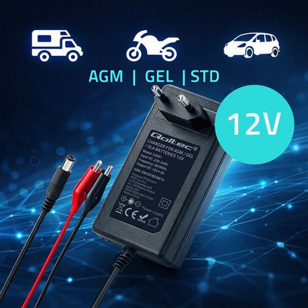 Qoltec Ładowarka do akumulatora AGM GEL STD | Prostownik 24V | 19.2W |  5.5x2.1 | kabel 1.8m