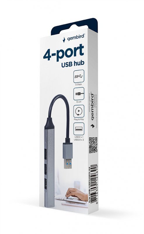 Gembird HUB USB 4-Porty (USB3 x 1, USB2 x 3), srebrny