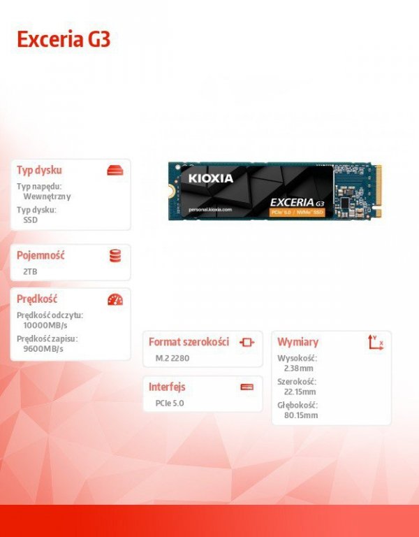 Kioxia Dysk SSD Exceria G3 2TB 2280 PCIe5.0 10000/9600 MB/s