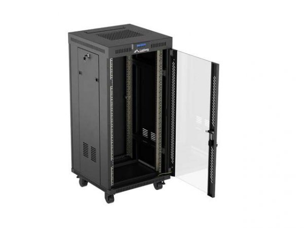 Lanberg Szafa instalacyjna rack stojąca 19" 24U 600x600  czarna drzwi przeszklone LCD ( Flat pack)V2