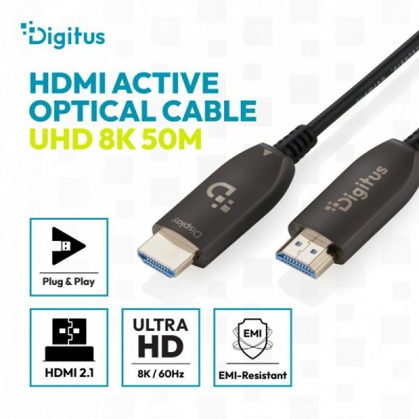 Digitus Kabel połączeniowy hybrydowy HDMI AOC | HDMI-A męski-męski | HDMI 2.1 | UHD-2 8K@60Hz | 48Gbps |HDR, eARC, HDCP 2.2, CEC