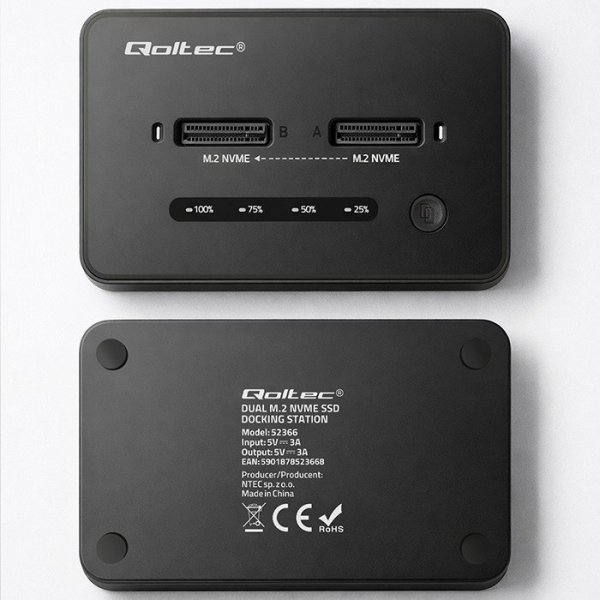 Qoltec Stacja dokujšca dysków SSD M.2 NVMe | PCIe | USB-C | 20Gb/s |    DUAL 2x8TB | klonowanie offline