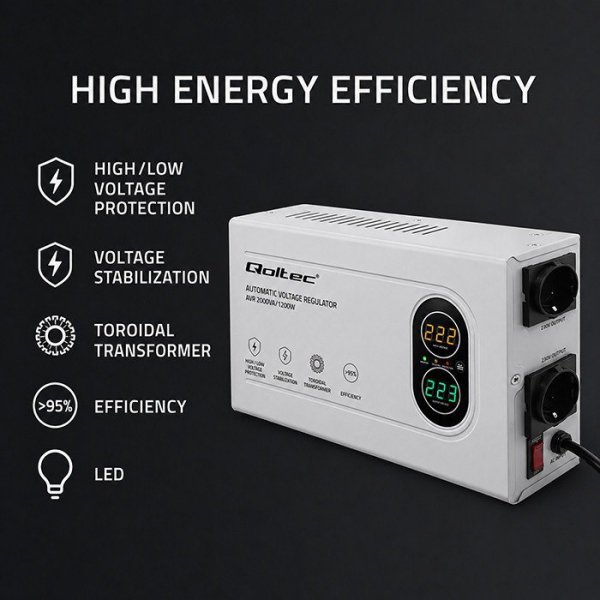 Qoltec Stabilizator napięcia AVR 2000VA | 1200W | Toroidalny transformator