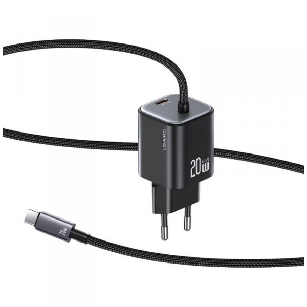 USAMS Ładowarka sieciowa JC Series CC261 20W GaN Fast Charger wbudowanykabel USB-C czarna