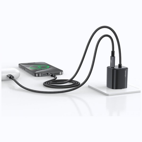 USAMS Ładowarka sieciowa JC Series CC261 20W GaN Fast Charger wbudowanykabel USB-C czarna