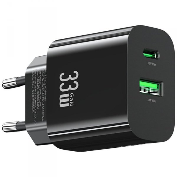 USAMS Ładowarka sieciowa T65 33W Fast Charging 1xUSB-C 1xUSB-A czarna