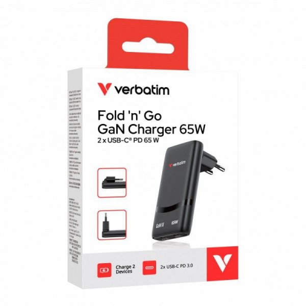 Verbatim Ładowarka uniwersalna Fold n GO GaN 65W 2xUSB-C PD 3.0 PPS Czarna