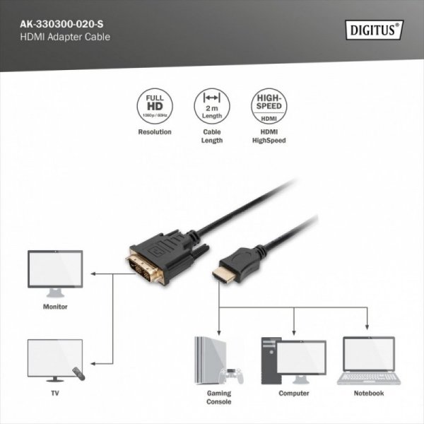Digitus Kabel adapter HDMI Standard 1080p 60Hz FHD Typ HDMI A/DVI-D (18+1) M/M czarny 2m