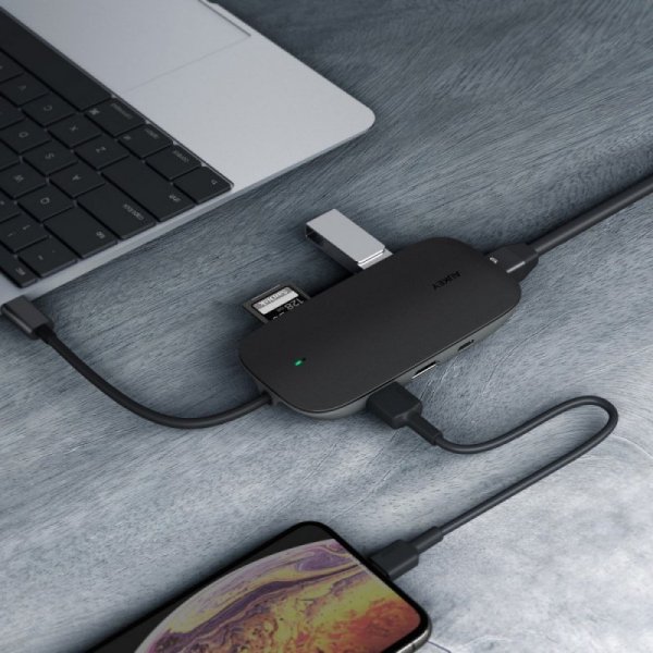 AUKEY CB-C71 aluminiowy HUB USB-C | 8w1 | RJ45 Ethernet 10/100/1000Mbps | 3xUSB 3.1 | HDMI 4k@30Hz | SD i microSD | USB-C Power 