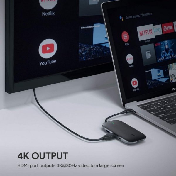 AUKEY CB-C71 aluminiowy HUB USB-C | 8w1 | RJ45 Ethernet 10/100/1000Mbps | 3xUSB 3.1 | HDMI 4k@30Hz | SD i microSD | USB-C Power 