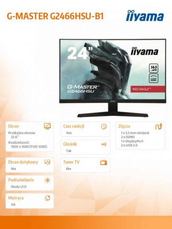 IIYAMA Monitor 23.6 cale G2466HSU-B1,FHD,VA,165HZ,1500R,1MS,DP,HDMIx2,USBx2