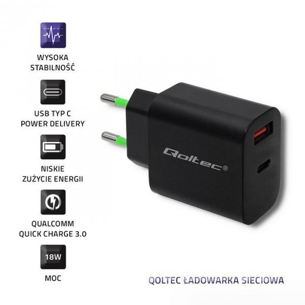 Qoltec Ładowarka sieciowa | 18W | 5-12V | 1.5-3A | USB typ C PD |       USB QC 3.0 | Czarna