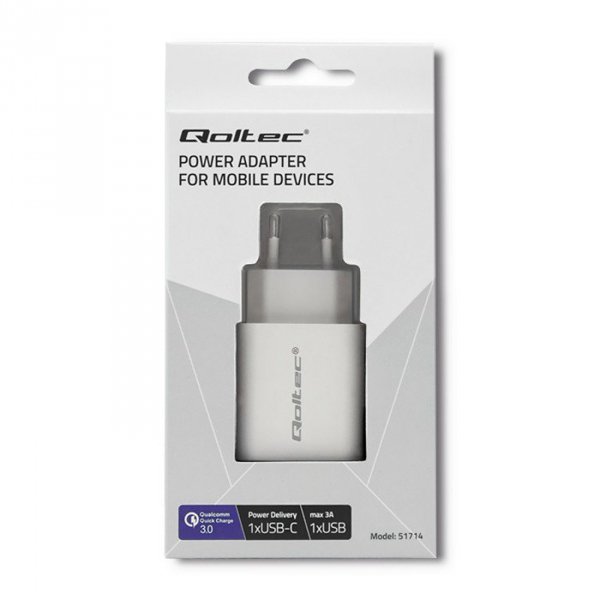 Qoltec Ładowarka sieciowa | 18W | 5-12V | 1.5-3A | USB typ C PD |  USB QC 3.0 | Biała