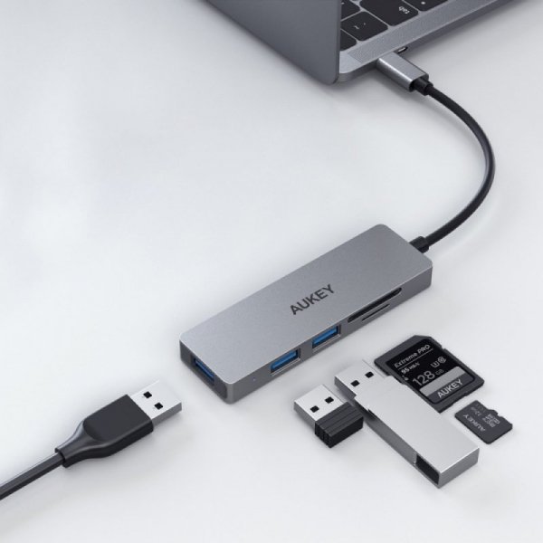 AUKEY HUB USB-C CB-C63 aluminiowy | Ultra Slim | 4w1 | 3xUSB 3.1 | 1xMicroSD i SD