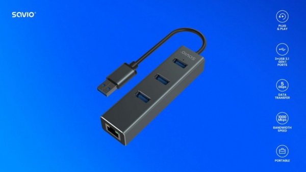 Savio Hub AK-58 3-portowy USB-A 3.1 Gen 1 z adapterem RJ-45 Gigabit Ethernet