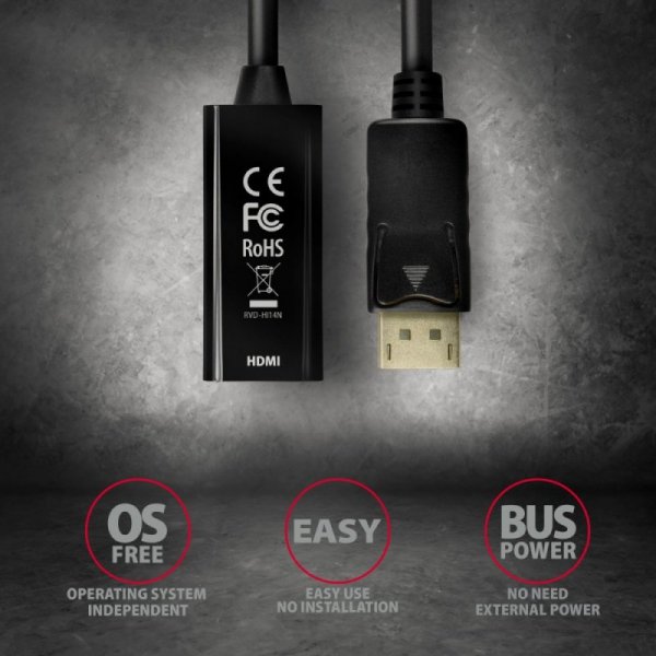 AXAGON RVD-HI14N Adapter aktywny Displayport -&gt; HDMI 1,4, 4K/30Hz, kabel 18cm