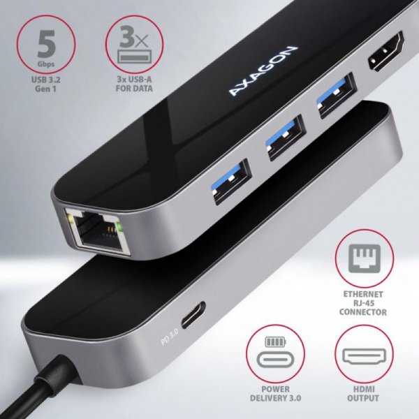 AXAGON HMC-6GL Wieloportowy hub USB 6in1, 5Gbps, 3x USB-A, HDMI 4K/30Hz, GLAN, PD 100W, 20cm USB-C kabel