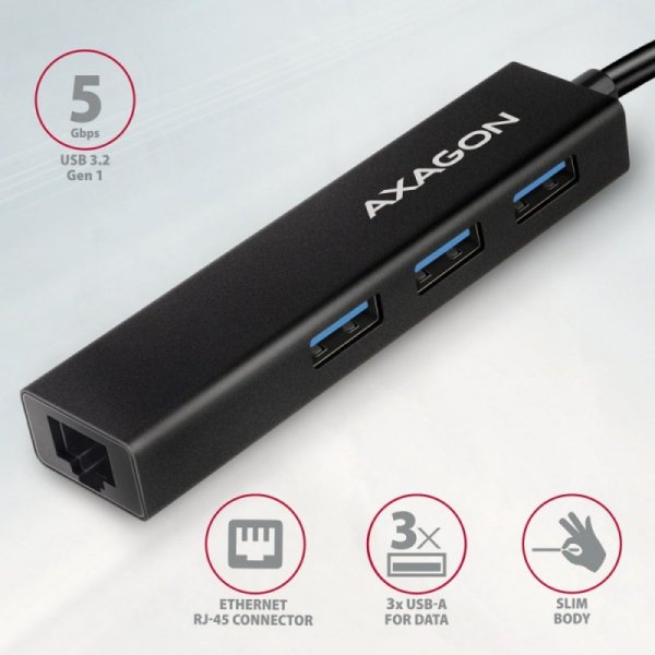 AXAGON HMC-GL3A Wieloportowy hub USB 4in1, 5Gbps, 3x USB-A + GLAN, 20cm USB-C kabel