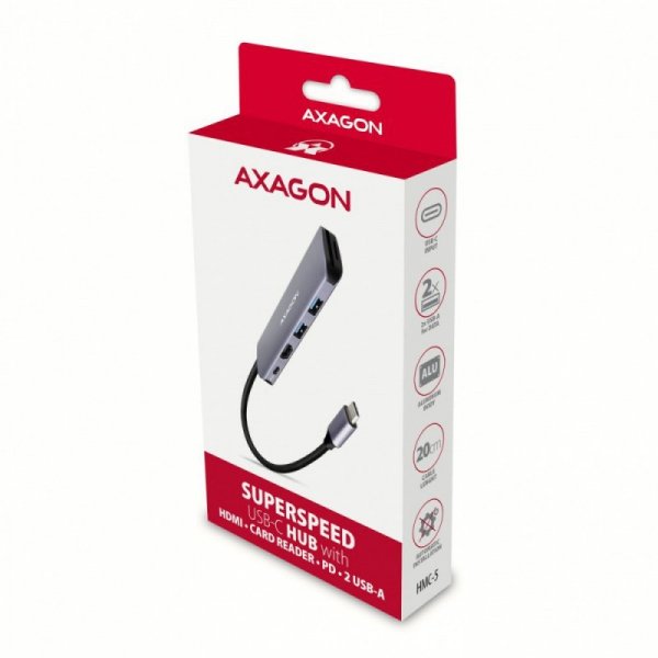 AXAGON HMC-5 Wieloportowy hub USB 5in1, 5Gbps, 2x USB-A, HDMI 4K/30Hz, SD/microSD, PD 100W, 20cm USB-C kabel