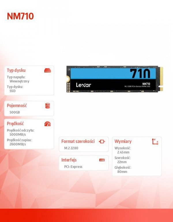 Lexar Dysk SSD NM710 500GB NVMe M.2 2280 5000/2600MB/s