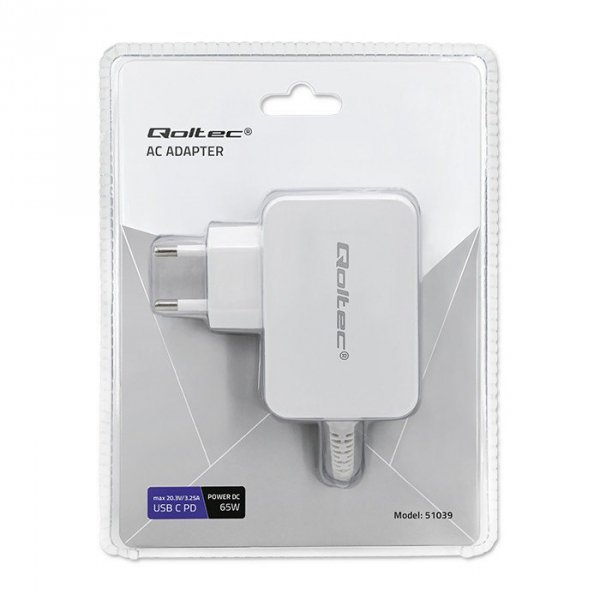 Qoltec Zasilacz sieciowy 65W | 5-20.3V | 2-3.25A | USB typ C | PD |     Biały