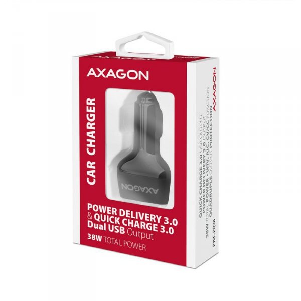 AXAGON PWC-PQ38 Ładowarka samochodowa PD & QUICK 38W, 2x port (USB-A + USB-C), PD3.0/QC3.0/AFC/FCP/Apple