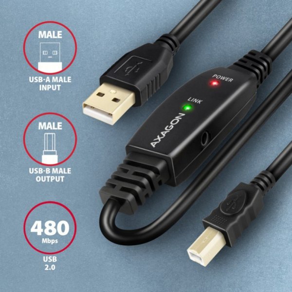 AXAGON ADR-215B USB 2.0 A-M -&gt; B-M aktywny kabel połączeniowy/wzmacniacz 15m