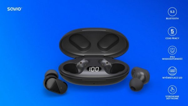 Savio Słuchawki  bezprzewodowe Bluetooth 5.3, IPX4, dotykowe sterowanie, TWS-10