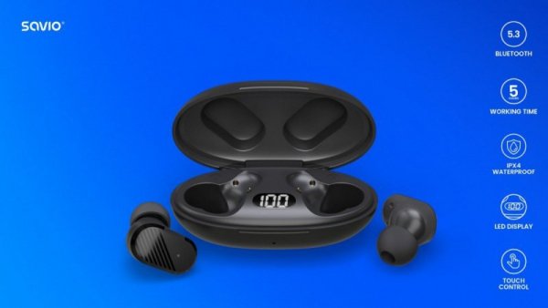 Savio Słuchawki  bezprzewodowe Bluetooth 5.3, IPX4, dotykowe sterowanie, TWS-10