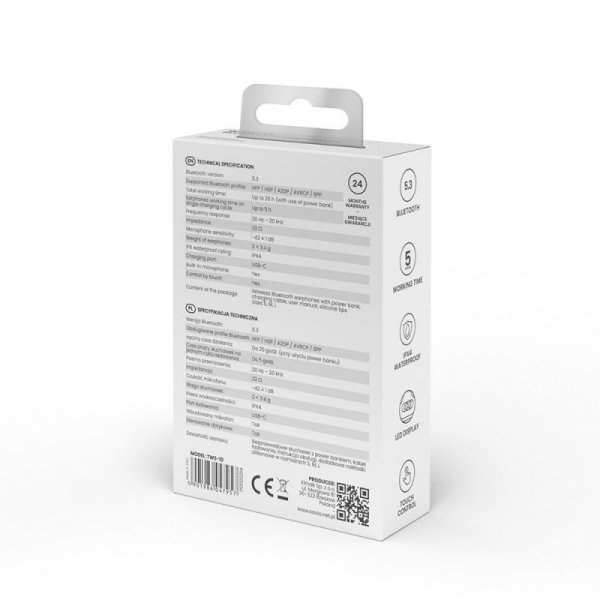 Savio Słuchawki  bezprzewodowe Bluetooth 5.3, IPX4, dotykowe sterowanie, TWS-10