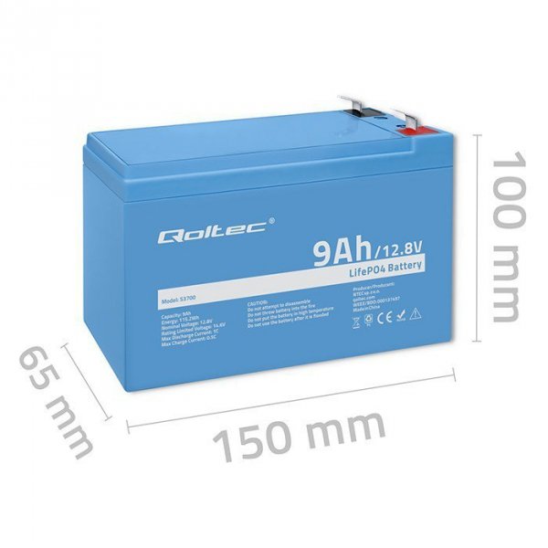 Qoltec Akumulator LiFePO4 Litowo-Żelazowo-Fforanowy | 12.8V | 9Ah |     115.2Wh | BMS