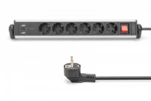 Digitus Listwa zasilająca biurowa 45° 6 gniazd, 2xUSB-A 1xUSB-C (5V/3,4A) możliwość obrotu o 180°, aluminiowa, z zaciskiem na bl