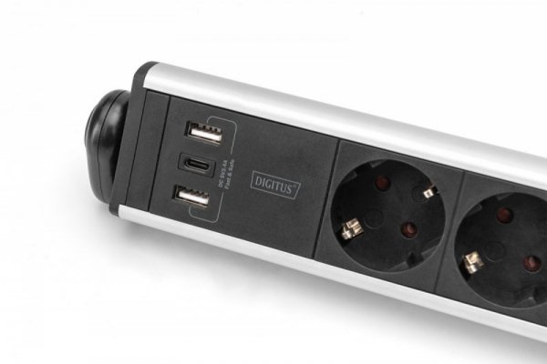 Digitus Listwa zasilająca biurowa 45° 6 gniazd, 2xUSB-A 1xUSB-C (5V/3,4A) możliwość obrotu o 180°, aluminiowa, z zaciskiem na bl