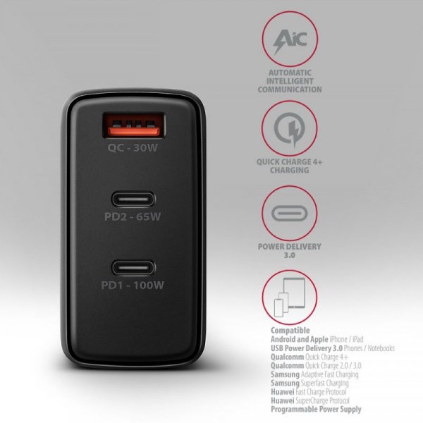 AXAGON ACU-DPQ100 Ładowarka sieciowa GaN 100W, 3x port (USB-A + dual USB-C) PD3.0/QC4+/PPS/Apple Czarna