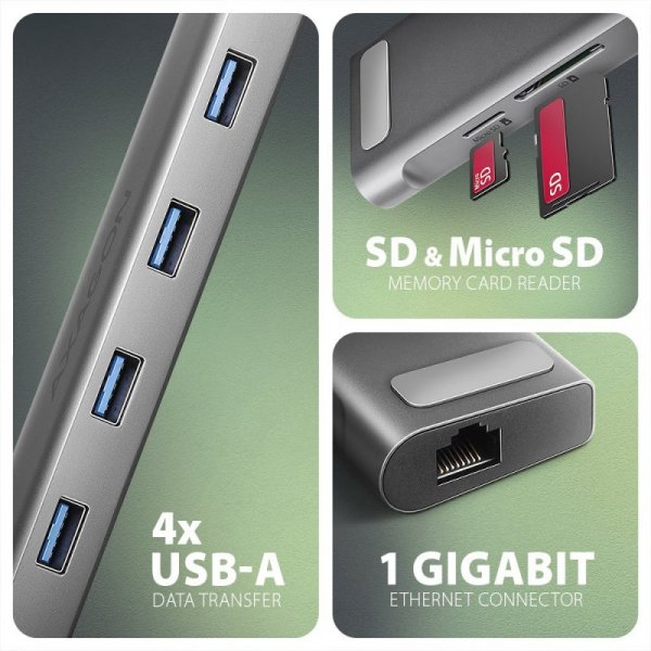 AXAGON HMC-10HLS Wieloportowy hub USB 9in1, 5Gbps, 4x USB-A, HDMI 4K/60Hz, GLAN, SD/microSD, PD 100W, 25cm USB-C kabel
