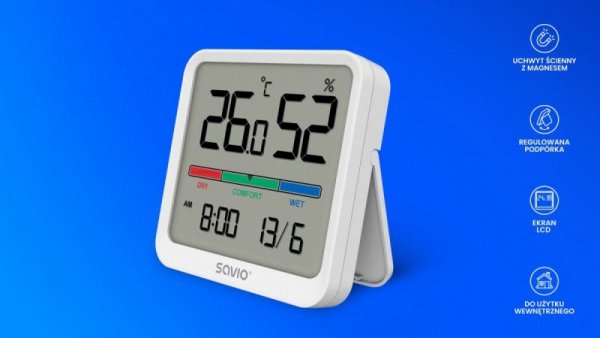 Savio Czujnik temperatury i wilgotności, do użytku wewnętrznego, ekran LCD, zegar, data, uchwyt z magnesem, CT-01/W Biały