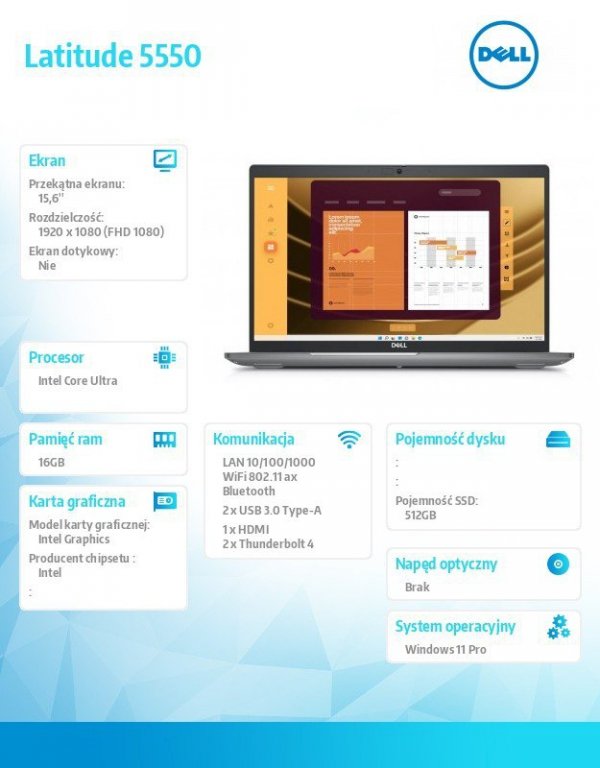 Dell Notebook Latitude 5550 Win11Pro Ultra 5 135U/16GB/512GB SSD Gen4/15.6 FHD/Integrated/FgrPr&SmtCd/FHD/IR Cam/Mic/WLAN+BT/Bac