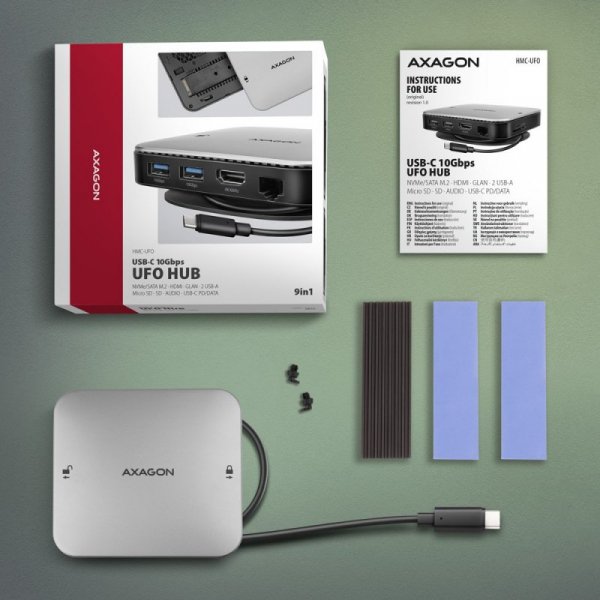 AXAGON HMC-UFO Wieloportowy hub USB 9in1, 10Gbps, 2x USB-A, HDMI 4K/60Hz, M.2 NVMe/SATA, audio, PD 100W, SD/microSD, GLAN, 65cm 