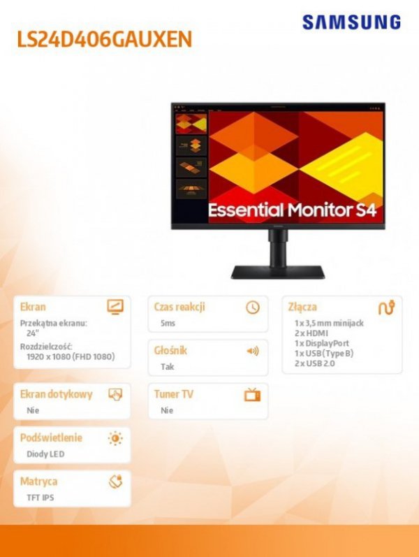 Samsung Monitor 24 cale S40GD IPS 1920x1080 FHD 16:9 2xHDMI 1xDP 2xUSB-A 2.0 1xUSB-B 5ms 100Hz HAS+PIV głośniki płaski 3YOn-Site