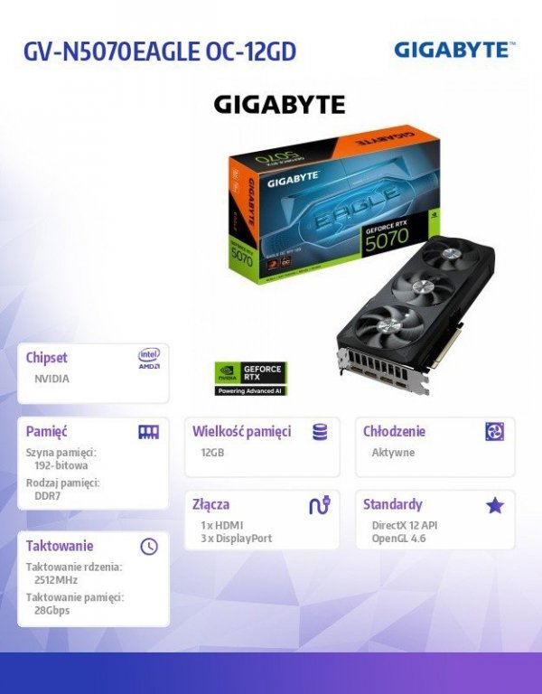 Gigabyte Karta graficzna GeForce RTX 5070 EAGLE OC  SSF 12GB 192bit HDMI