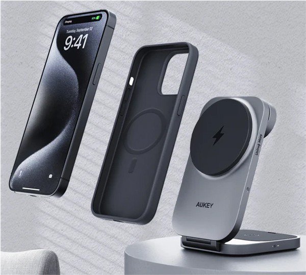 AUKEY LC-MC312 Slim 3w1 ładowarka bezprzewodowa MagSafe Qi2 15W  + ładowarka PD 30W + Etui